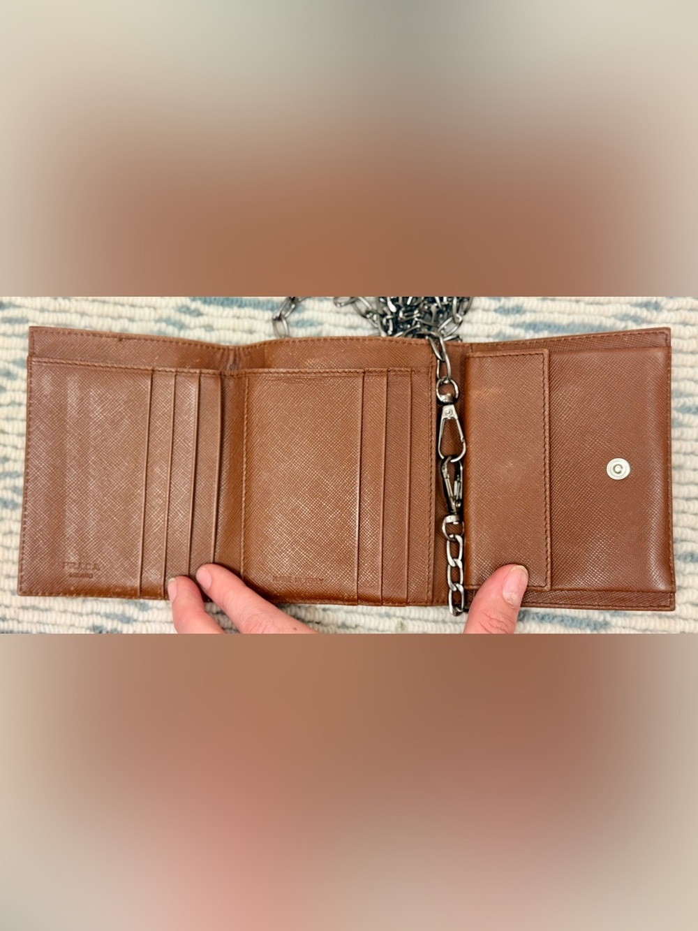 PRADA Vintage Y2K Chic Minimalist Brown Tessuto Nylon Trifold Wallet W/ Chain - Picture 13 of 16